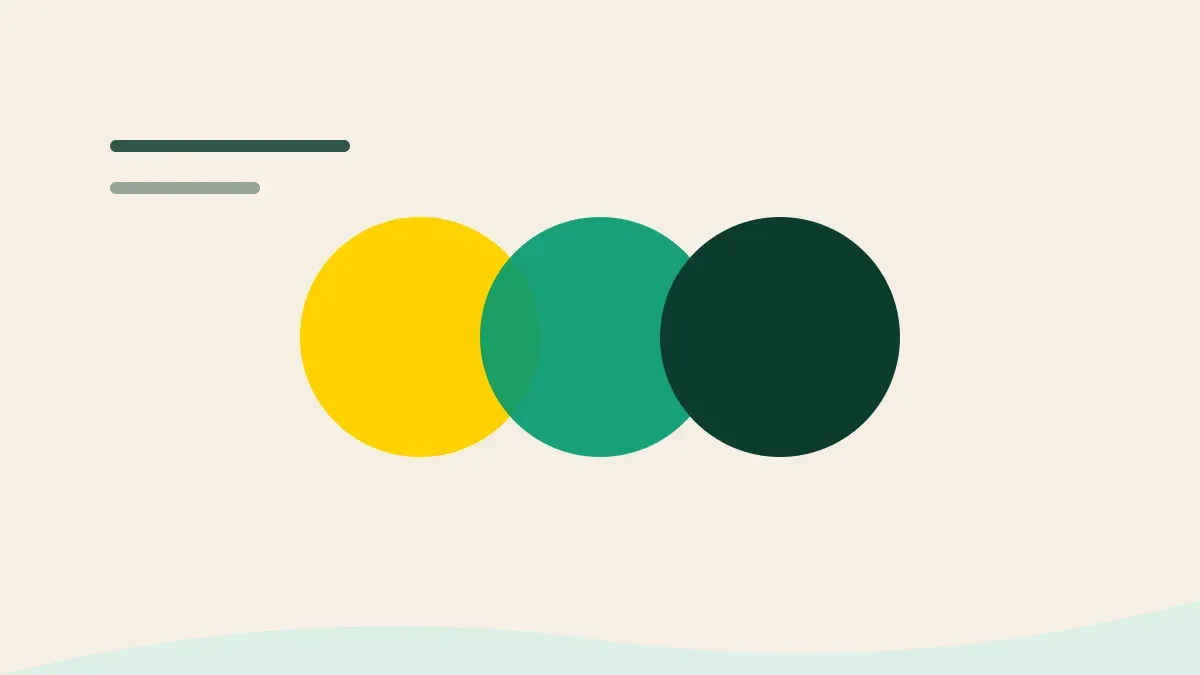 Composição gráfica com três formas circulares em tons que vão do amarelo ao verde profundo.