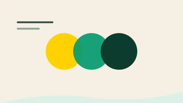 Composição gráfica com três formas circulares em tons que vão do amarelo ao verde profundo.