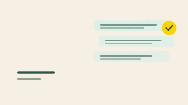 Composição gráfica com fileiras de cartões simulando uma lista de perguntas e um selo de verificação amarelo, em verde profundo sobre fundo areia.