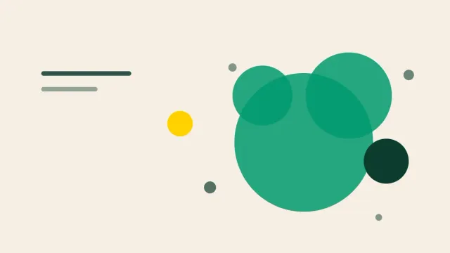 Composição gráfica com uma massa verde arredondada cercada de pequenos grãos sobre fundo areia.