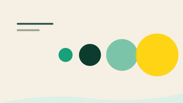 Composição gráfica com quatro formas circulares em tamanhos diferentes sobre fundo areia.