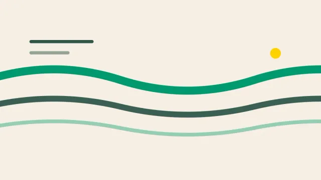 Composição gráfica com formas onduladas em tons de verde fluindo da esquerda para a direita sobre fundo areia.