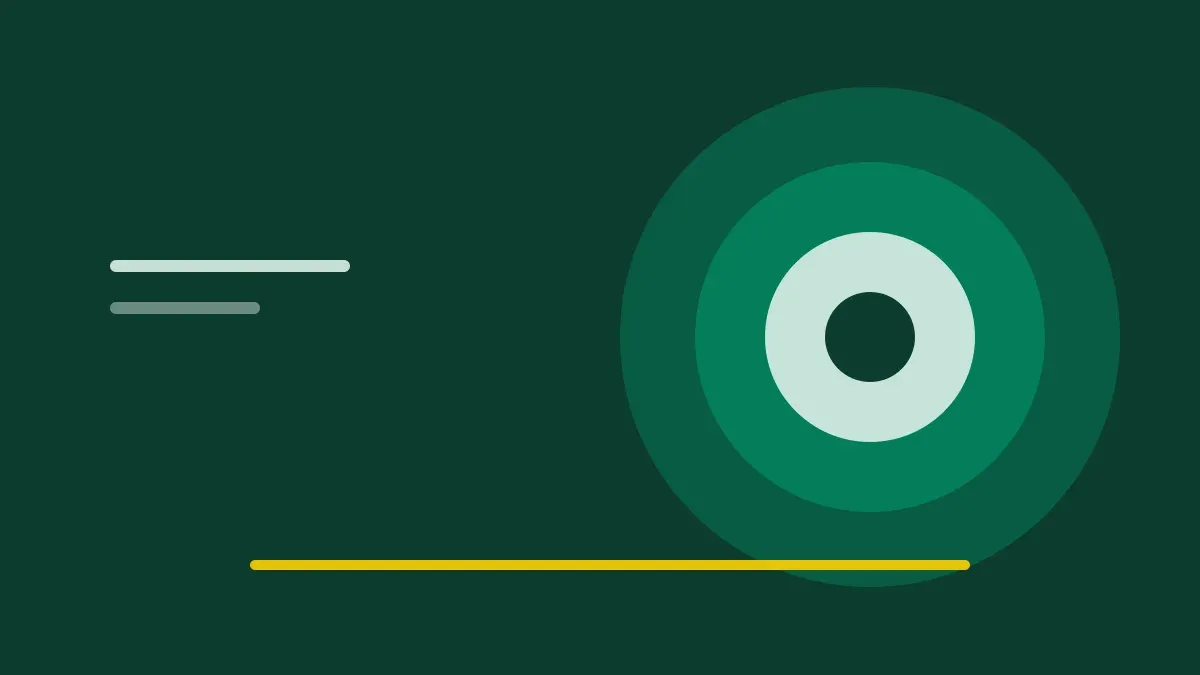 Composição gráfica em verde profundo com formas circulares concêntricas e um traço amarelo.