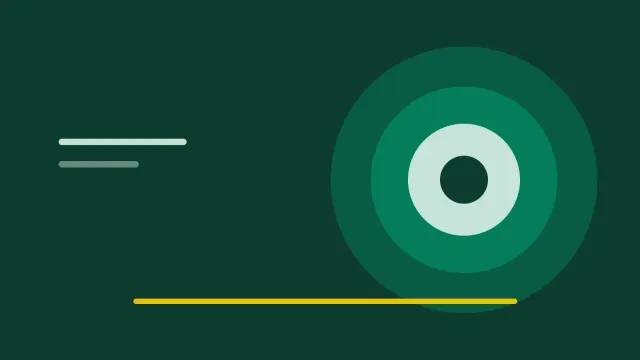 Composição gráfica em verde profundo com formas circulares concêntricas e um traço amarelo.