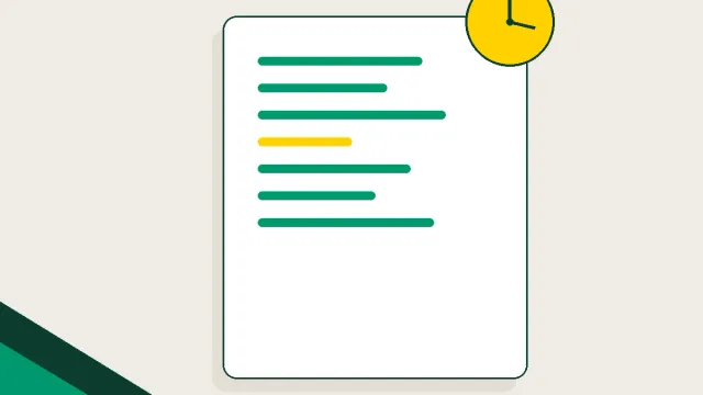 Composição gráfica com um documento e um selo circular amarelo simulando prazo regulatório, em verde profundo sobre fundo areia.