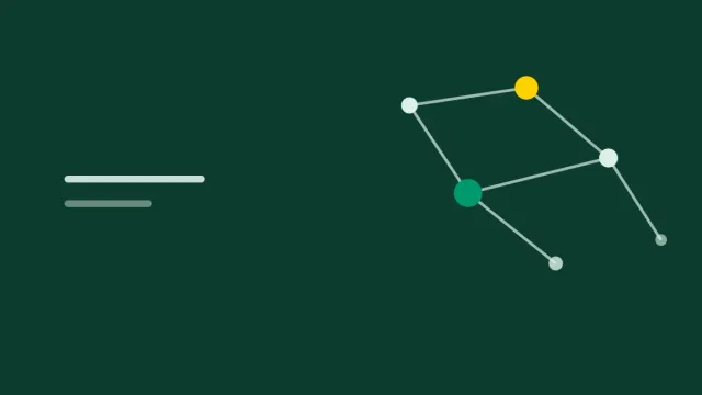 Composição gráfica com rede de pontos conectados em verde névoa sobre fundo verde profundo.