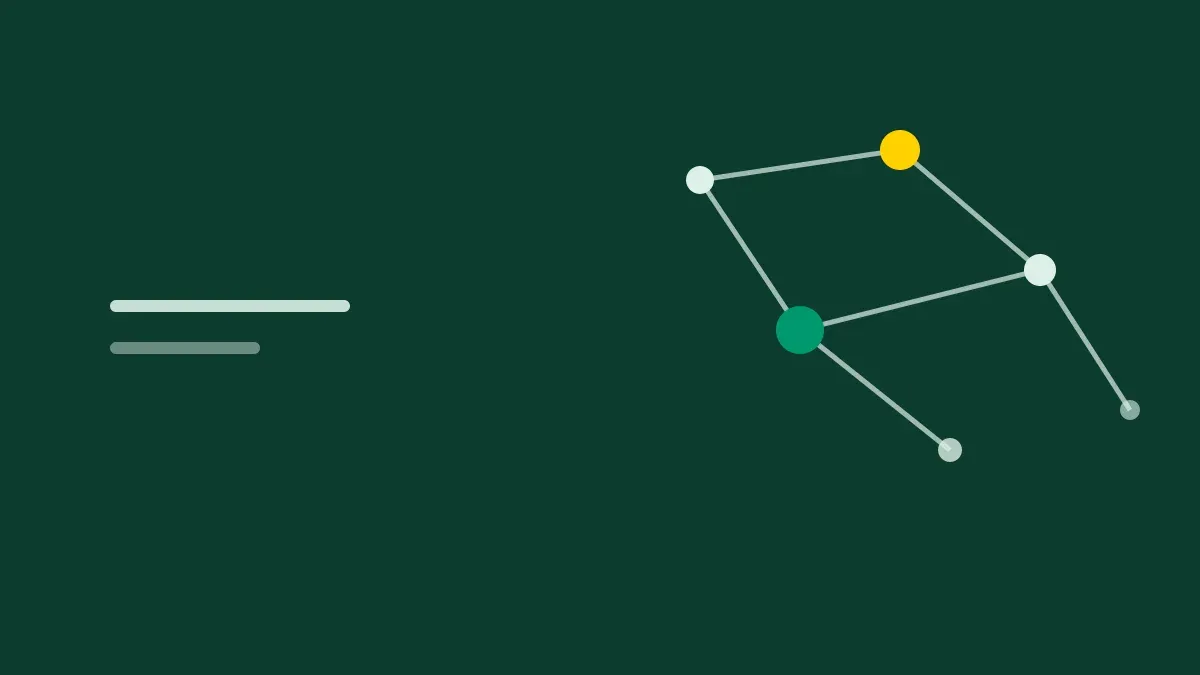Composição gráfica com rede de pontos conectados em verde névoa sobre fundo verde profundo.