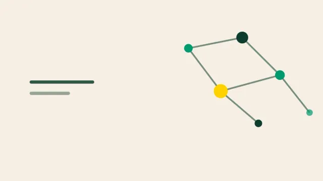 Composição gráfica com linhas conectando pontos em verde profundo sobre fundo areia.