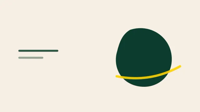 Composição gráfica com forma orgânica em verde profundo sobre fundo areia e um traço amarelo.