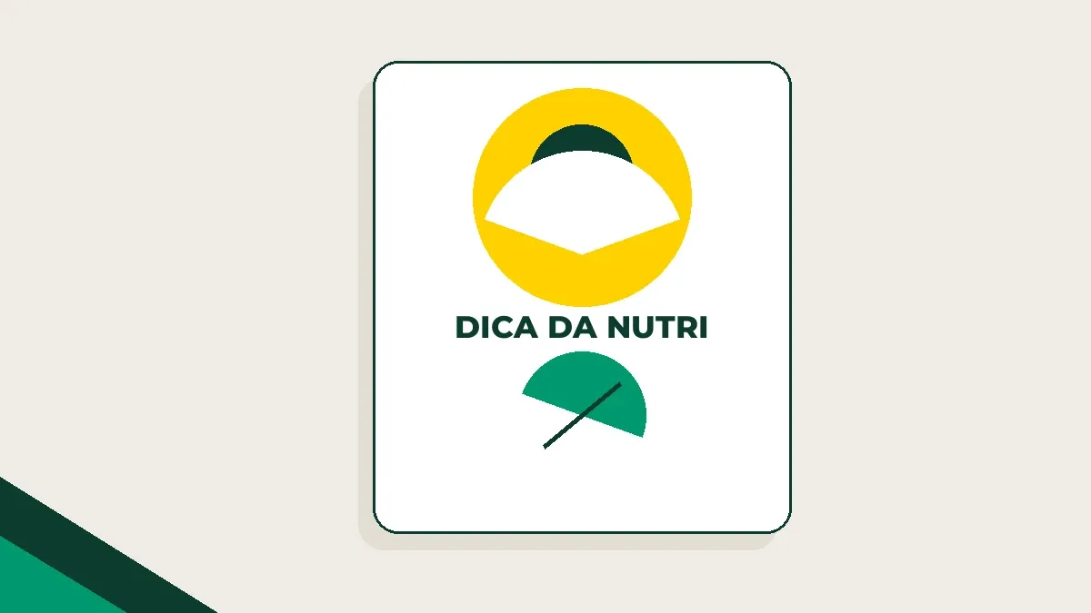 Ilustração de um selo circular com silhueta estilizada de nutricionista e um símbolo de fibra vegetal, em verde e amarelo sobre fundo areia.