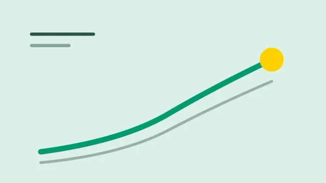 Composição gráfica com linha ascendente em verde sobre fundo névoa e um círculo amarelo ao final.