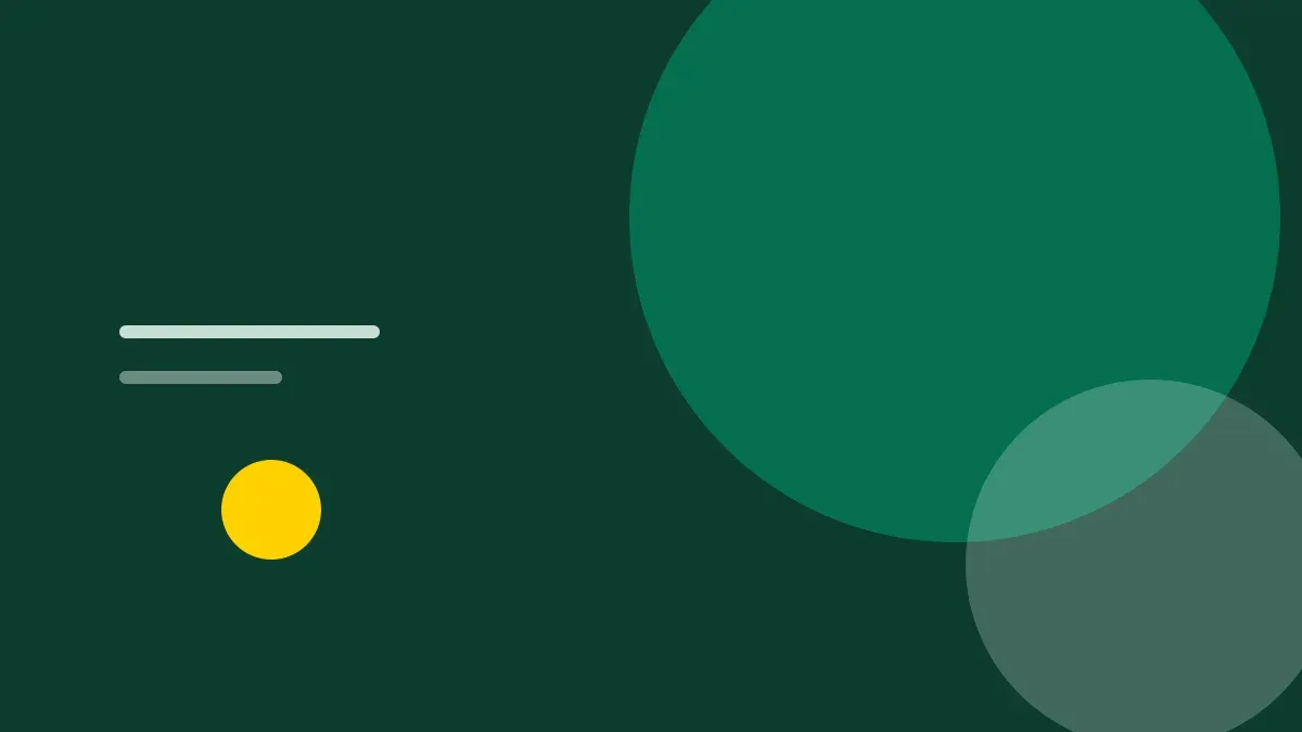 Composição gráfica em verde profundo com formas circulares da marca.
