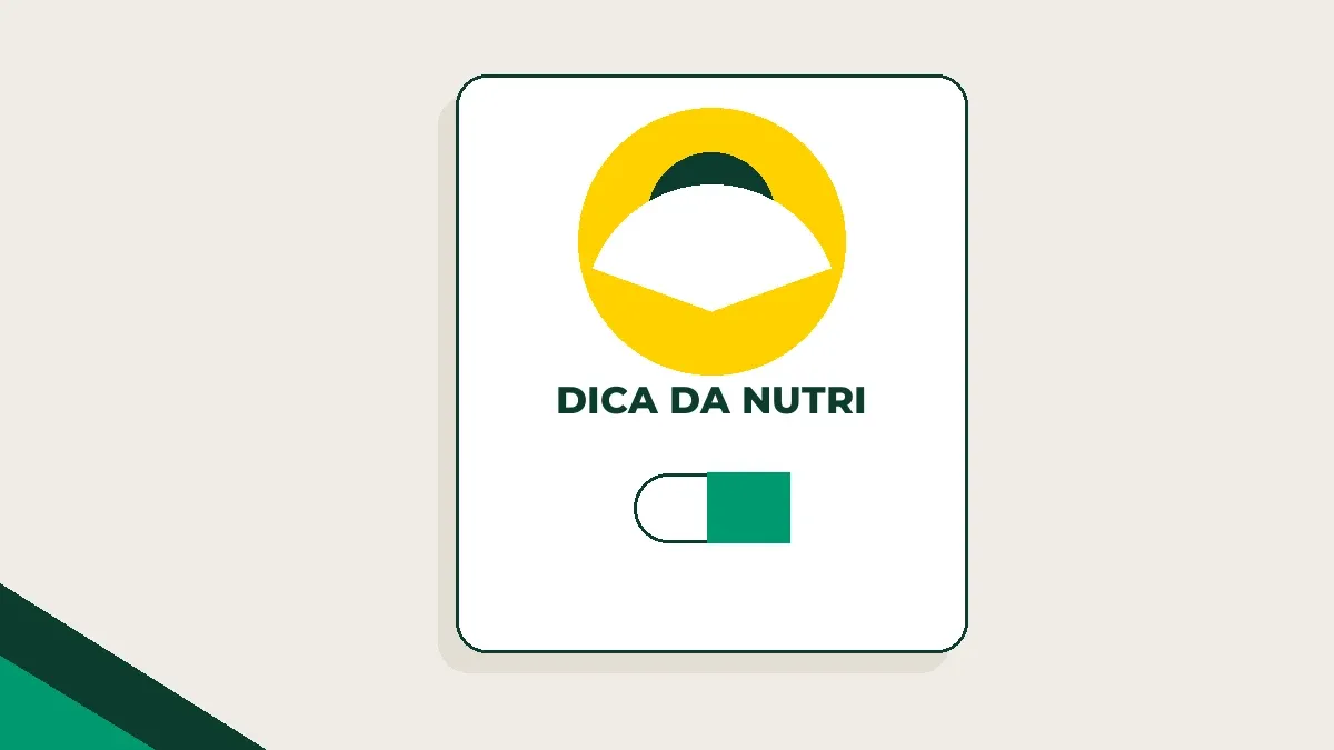Ilustração de um selo circular com silhueta estilizada de nutricionista e um frasco de cápsulas, em amarelo e verde sobre fundo areia.