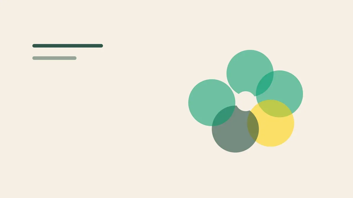 Composição gráfica com pétalas circulares sobrepostas em tons de verde e amarelo sobre fundo areia.